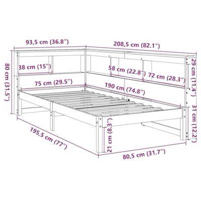 Bed met boekenkast zonder matras grenenhout wasbruin 75x190 cm