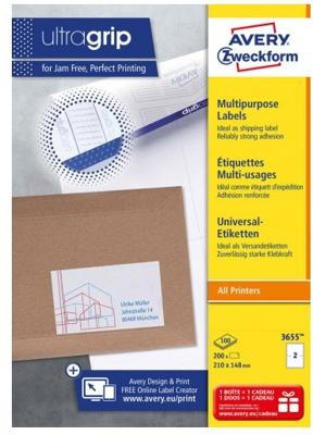 Avery-Zweckform 3655 Universele etiketten 210 x 148 mm Papier Wit 200 stuk(s) Permanent hechtend Inkjet, Laser (zwart/wit), Laser (kleur), Kopiëren Avery-Zweckform 3655 Universele etiketten 210 x 148 mm Papier Wit 200 stuk(s) Permanent hechtend Inkjet, Laser (zwart/wit), Laser (kleur), Kopiëren