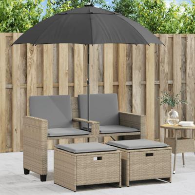 Tuinbank 2-zits met parasol en voetenbanken poly rattan beige Tuinbank 2-zits met parasol en voetenbanken poly rattan beige