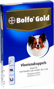 Bolfo Gold 40 Vlooiendruppels voor kleine hond (tot 4 kg) 2 x 4 pipetten Bolfo Gold 40 Vlooiendruppels voor kleine hond (tot 4 kg) 2 x 4 pipetten