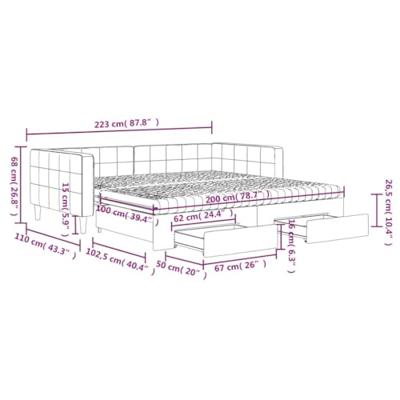 Slaapbank met onderschuifbed en lades 100x200 cm fluweel roze