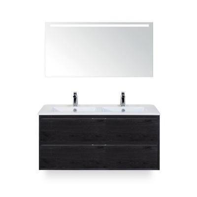 Porto Badmeubelset 120 cm - 2 laden Black Oak - Keramische Wastafel Wit Slim - met Sence Spiegel