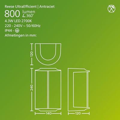 Philips LED Reese 929004140801 LED-buitenlamp (wand) LED 4.3 W Antraciet Philips LED Reese 929004140801 LED-buitenlamp (wand) LED 4.3 W Antraciet