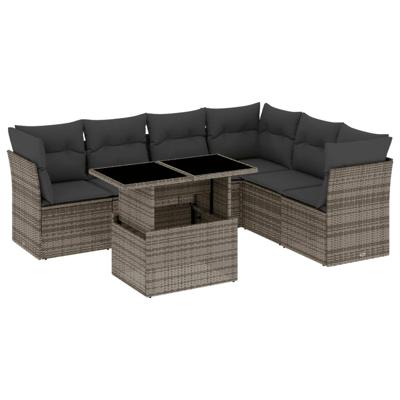 7-delige Loungeset met kussens poly rattan grijs