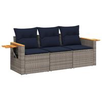 3-delige Loungeset met kussens poly rattan grijs - thumbnail