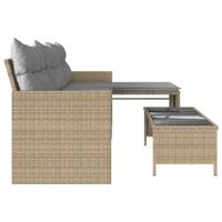 Tuinbank met tafel en kussens L-vormig poly rattan beige - thumbnail