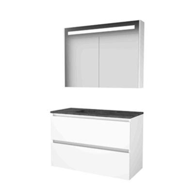 Basic-Line Premium 46 Badkamermeubelset - 100 x 46 cm - Greeploos - 2 Lades - Hardstenen Wastafel - Zonder Kraangat - Spiegelkast met LED Verlichting - Ice White