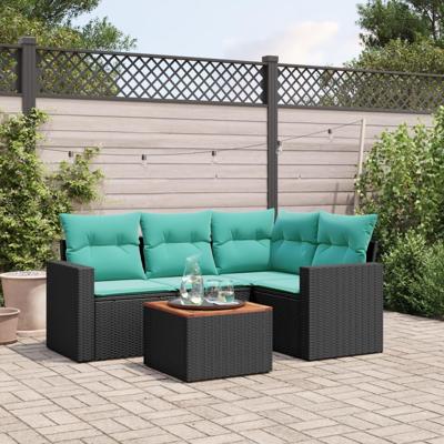 5-delige Loungeset met kussens poly rattan zwart