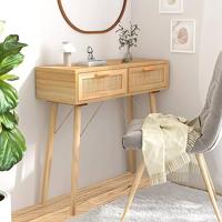 Wandtafel 80x30x75 cm massief grenenhout en natuurlijk rattan - thumbnail
