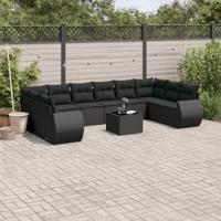 10-delige Loungeset met kussens poly rattan zwart - thumbnail
