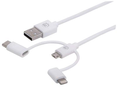 Manhattan 353434 3-in-1 oplaadkabel: Lightning/Micro USB/USB Type C USB Type C USB Type A stekker naar Lightning, USB Micro-B en USB Type C stekker 1 m wit