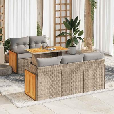 6-delige Loungeset met kussens poly rattan acacia beige
