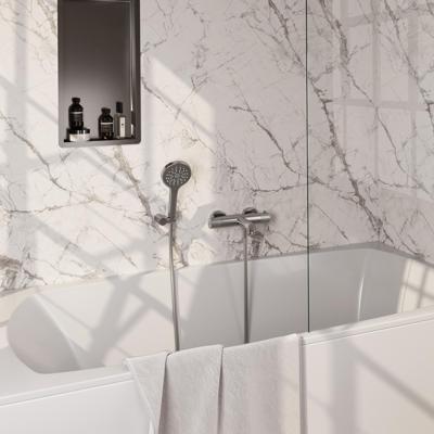 Brauer Stripe opbouw baddouche thermostaatkraan SET 04 met wandhouder en 3-standen handdouche en doucheslang RVS-kleurig geborsteld PVD