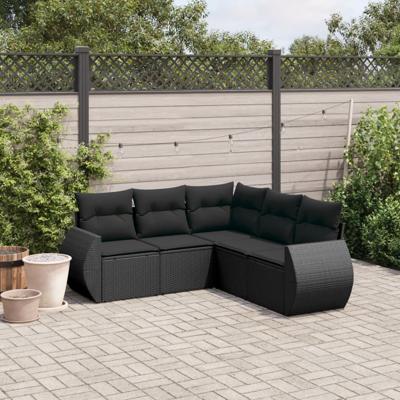5-delige Loungeset met kussens poly rattan zwart