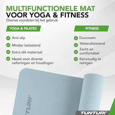 Tunturi Yogamat 8mm | Pilates mat | Fitnessmat | 183 x 61 x 0,8 cm | Incl Draagtas | Anti Slip en Eco | Licht Blauw