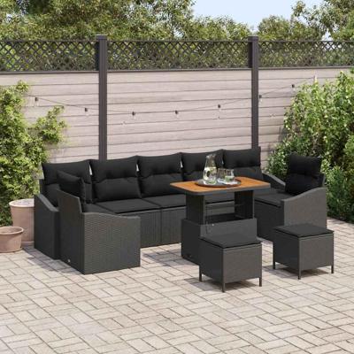 Tuinbankenset met kussen 10 pcs Zwart poly rattan
