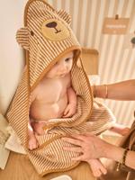 Badcape + washandje PETIT OURS, met gerecycled katoen beige, gestreept - thumbnail
