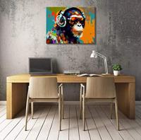 Schilderij - Aap met Koptelefoon, Multi gekleurd, 80X60cm, 1luik - thumbnail