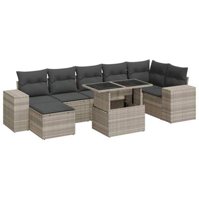 8-delige Loungeset met kussens poly rattan lichtgrijs