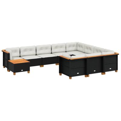 11-delige Loungeset met kussens poly rattan zwart