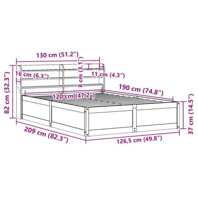 Bedframe met hoofdbord massief grenenhout wasbruin 120x190 cm