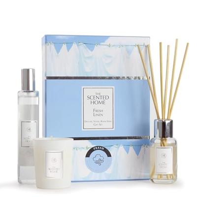 Fresh Linen Cadeauset Geurstokjes met verstuiver , roomspray en geurkaars Fresh Linen Cadeauset Geurstokjes met verstuiver , roomspray en geurkaars