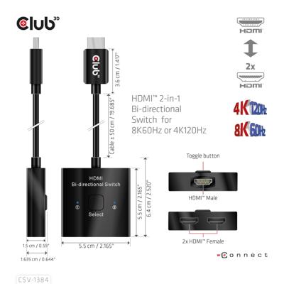 Club 3D hdmi switch 2-in-1 bi-directional for 8k60hz or 4k120hz (zwart, 0.5 meter)