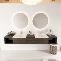 MONDIAZ BUKLA 240cm badmeubel met open module 40 L+R kleur Dark Brown met 3 lades. Wastafel CLOUD dubbel 2 kraangaten kleur Talc. - thumbnail