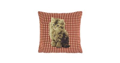Gobelin Kussen Bruine Kat - Rode Ruit (32 x 32 cm)