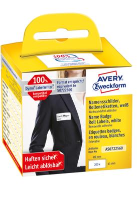Avery-Zweckform Rol met etiketten Compatibel vervangt DYMO 11356, S0722560 41 x 89 mm Folie Wit 200 stuk(s) Weer verwijderbaar Naametiketten AS0722560 Avery-Zweckform Rol met etiketten Compatibel vervangt DYMO 11356, S0722560 41 x 89 mm Folie Wit 200 stuk(s) Weer verwijderbaar Naametiketten AS0722560