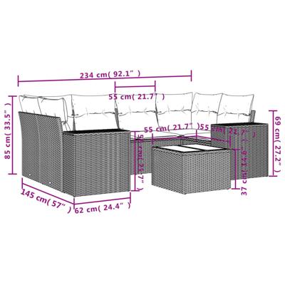 7-delige Loungeset met kussens poly rattan zwart