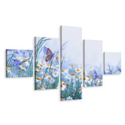 Schilderij - Vlinder en bloemen, 5luik, premium print