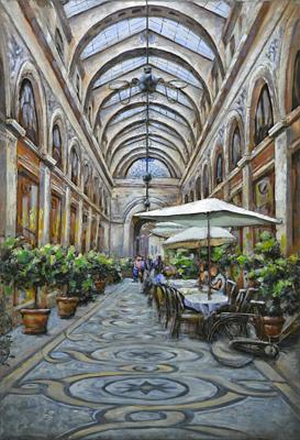Schilderij - Metaalschilderij - Overdekte Passage, Restaurant, 3D, 80x120cm