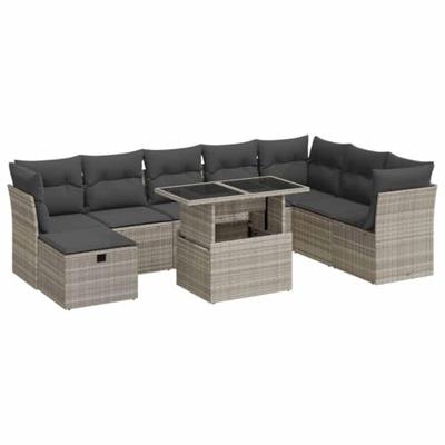 9-delige Loungeset met kussens poly rattan lichtgrijs