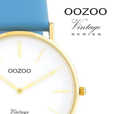 OOZOO C20225 Horloge Vintage staal-leder goudkleurig-lichtblauw 40 mm
