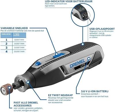 Dremel 7760-15 mini accu multitool - Li-Ion accu (3,2V) (geleverd met 15 accessoires)