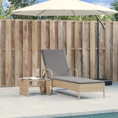 Ligbed met wielen en kussen poly rattan beige - thumbnail