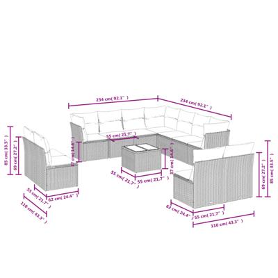 11-delige Loungeset met kussens poly rattan bruin - thumbnail