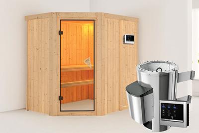 Karibu | Sauna Saja | Bronzeglas Deur | Biokachel 3,6 kW Externe Bediening