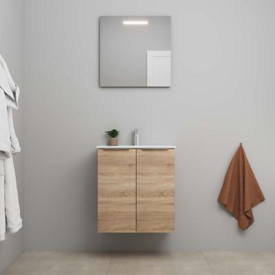 On-Line Badkamermeubelset - 60 cm - Voorgemonteerd - 2 Deuren met Greep - Porseleinen Wastafel - 1 Kraangat - Spiegel met LED-Verlichting - Eiken