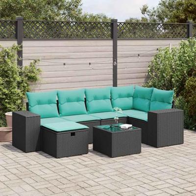 7-delige Loungeset met kussens poly rattan zwart