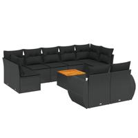 10-delige Loungeset met kussens poly rattan zwart - thumbnail