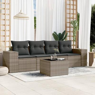 5-delige Loungeset met kussens poly rattan grijs - thumbnail