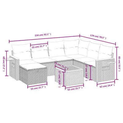 7-delige Loungeset met kussens poly rattan grijs - thumbnail