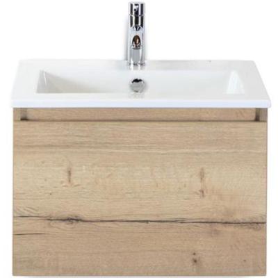 Frozen Badmeubelset 60 cm - Greeplijst in Kleur - Natuur Eiken - Keramische Wastafel Wit 1 Kraangat
