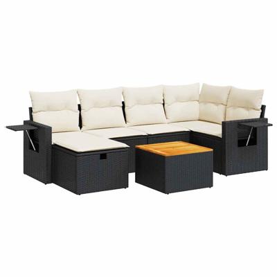 7-delige Loungeset met kussens poly rattan zwart