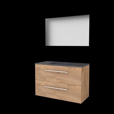 Basic-Line Ultimate 46 Badkamermeubelset - 100 x 46 cm - Met Grepen - 2 Lades - Hardstenen Wastafel - 1 Kraangat - Spiegel met Indirecte LED Verlichting - Whisky Oak