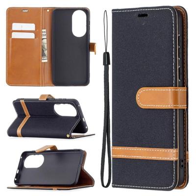 Voor Huawei P50 kleur bijpassende denim textuur horizontale flip lederen geval met houder kaart slots & portemonnee &lanyard (zwart) Voor Huawei P50 kleur bijpassende denim textuur horizontale flip lederen geval met houder kaart slots & portemonnee &lanyard (zwart)