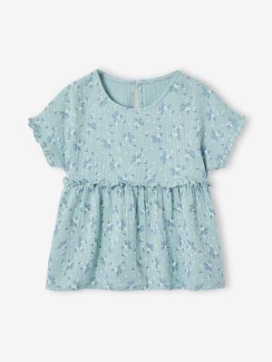 Meisjesblouse met print van katoengaas grijsblauw