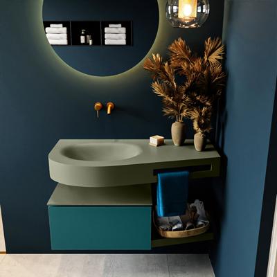 MONDIAZ RIVA 100cm badmeubel onderkast / planchet kleur Smag met 1 lade. Wastafel DULCET links 0 kraangaten kleur Army.